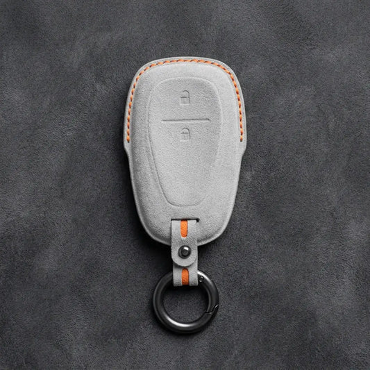 Chevrolet Hand-Stitched Alcantara Key Fob Cover – Chrome Shield 2-Button White