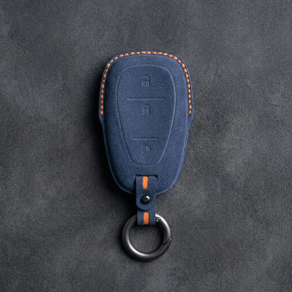 Chevrolet Hand-Stitched Alcantara Key Fob Cover – Chrome Shield 3-Button Cobalt Blue