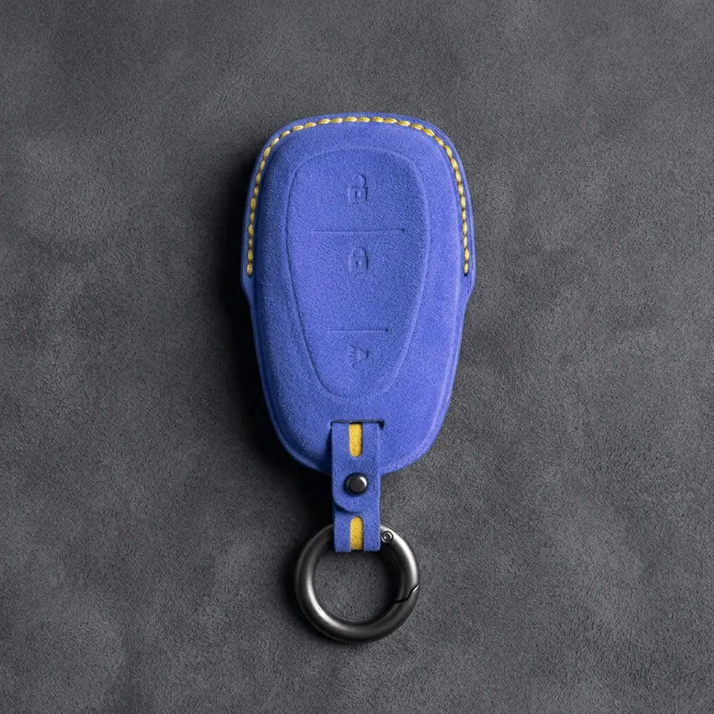 Chevrolet Hand-Stitched Alcantara Key Fob Cover – Chrome Shield 3-Button Cornflower Blue
