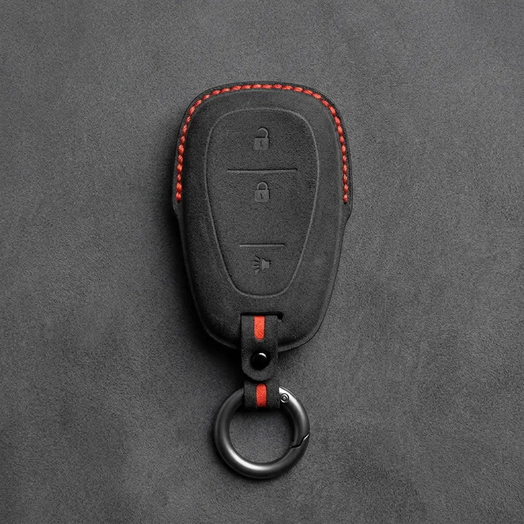 Chevrolet Hand-Stitched Alcantara Key Fob Cover – Chrome Shield 3-Button Dark Charcoal