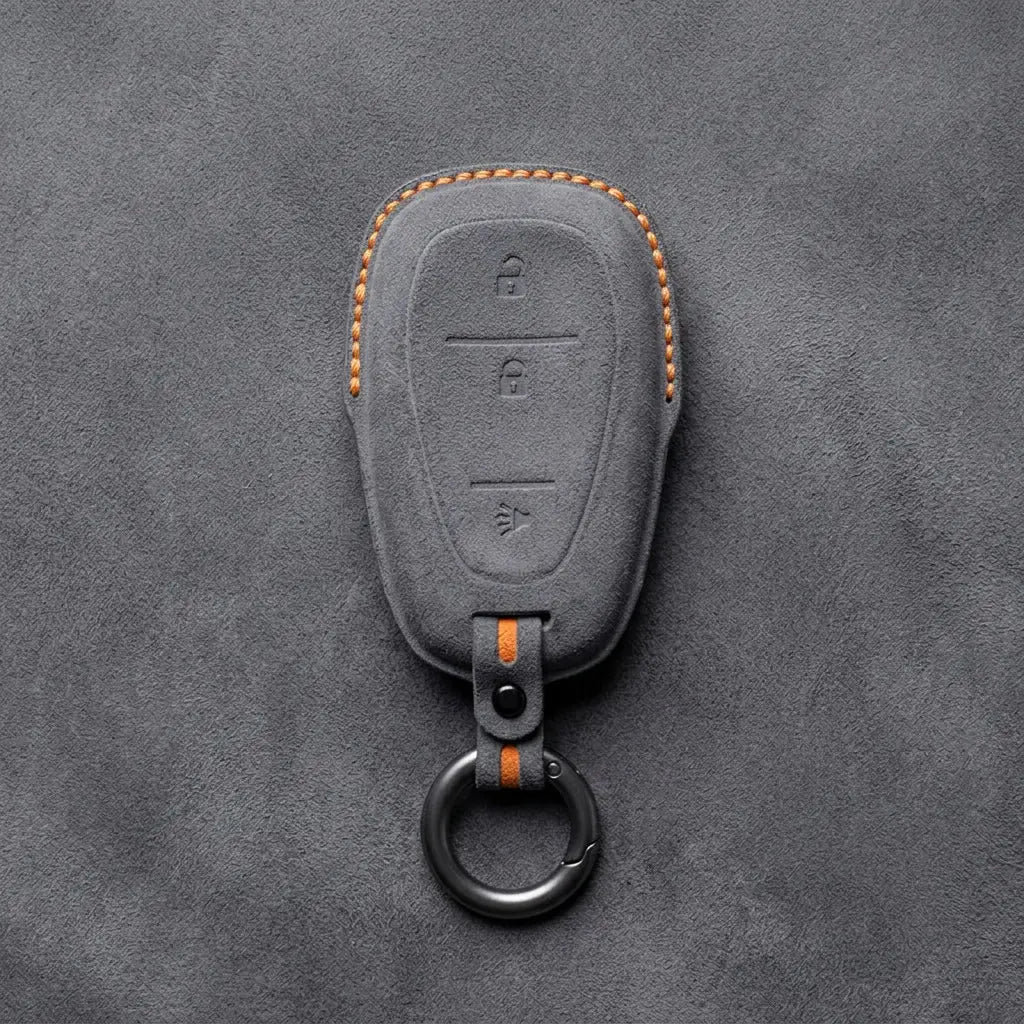 Chevrolet Hand-Stitched Alcantara Key Fob Cover – Chrome Shield 3-Button Dark Gray