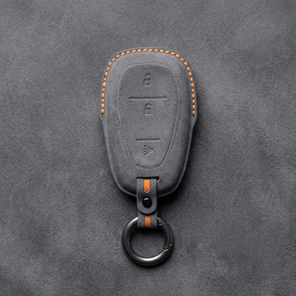 Chevrolet Hand-Stitched Alcantara Key Fob Cover – Chrome Shield 3-Button Dark Gray