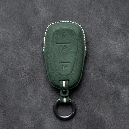 Chevrolet Hand-Stitched Alcantara Key Fob Cover – Chrome Shield 3-Button Dark Green
