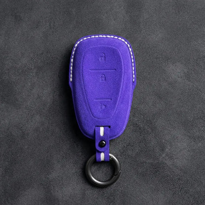 Chevrolet Hand-Stitched Alcantara Key Fob Cover – Chrome Shield 3-Button Dark Purple