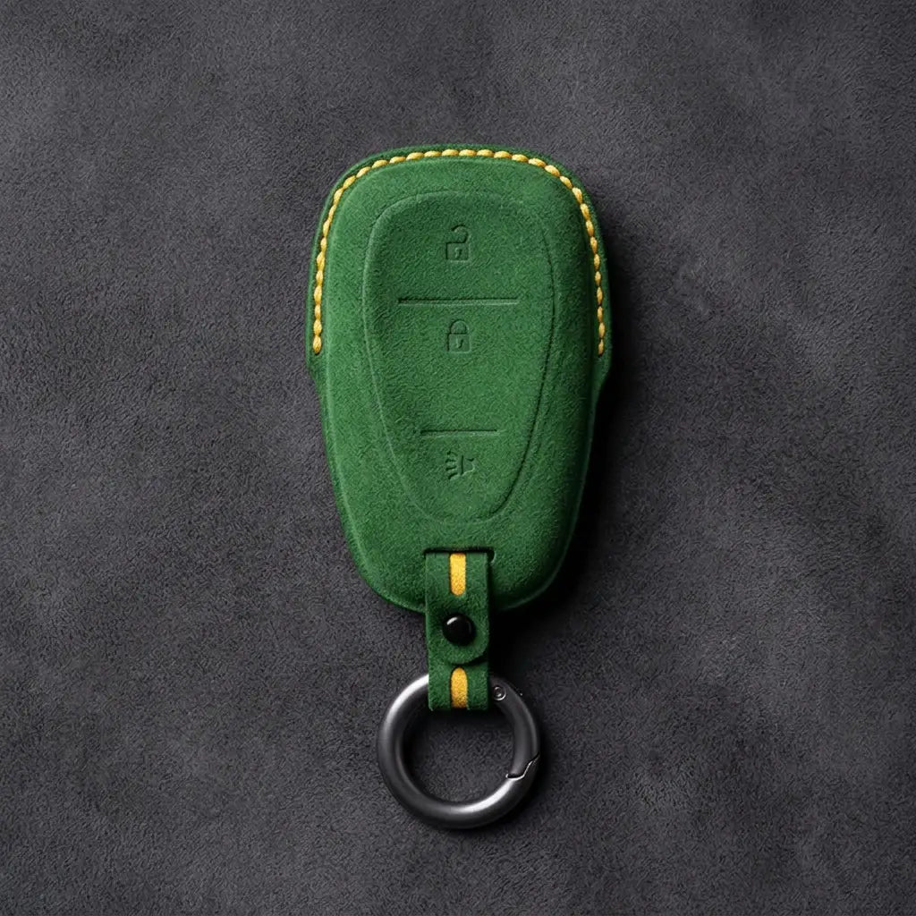 Chevrolet Hand-Stitched Alcantara Key Fob Cover – Chrome Shield 3-Button Grass Green