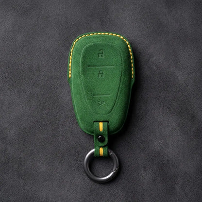 Chevrolet Hand-Stitched Alcantara Key Fob Cover – Chrome Shield 3-Button Grass Green