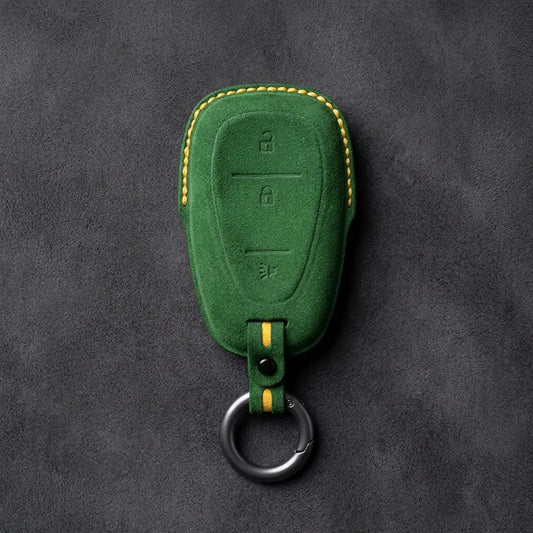 Chevrolet Hand-Stitched Alcantara Key Fob Cover – Chrome Shield 3-Button Grass Green