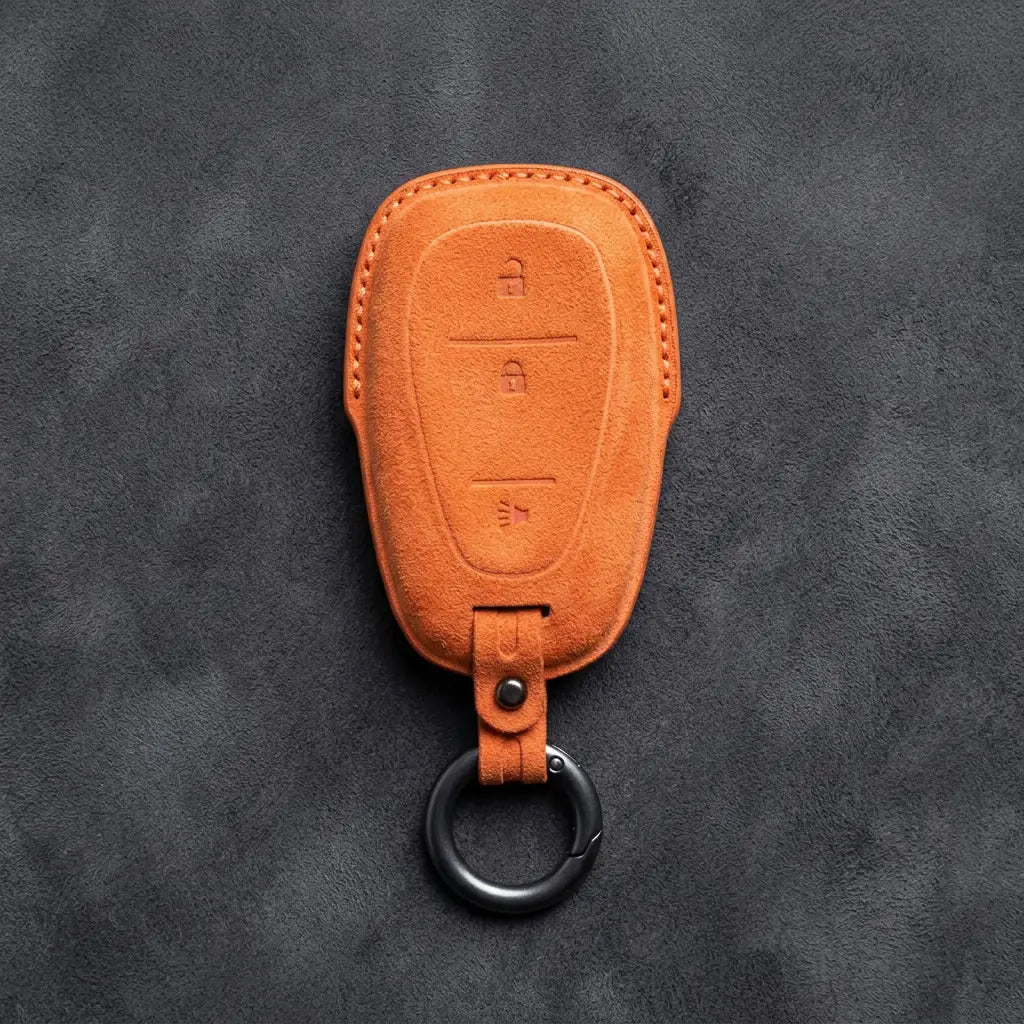 Chevrolet Hand-Stitched Alcantara Key Fob Cover – Chrome Shield 3-Button Orange