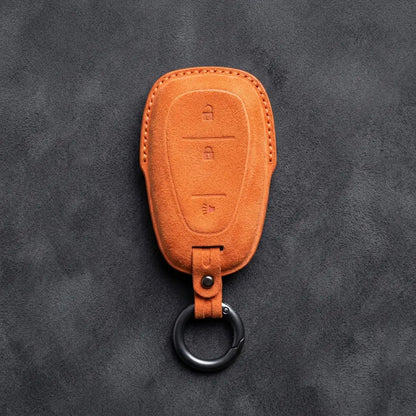 Chevrolet Hand-Stitched Alcantara Key Fob Cover – Chrome Shield 3-Button Orange