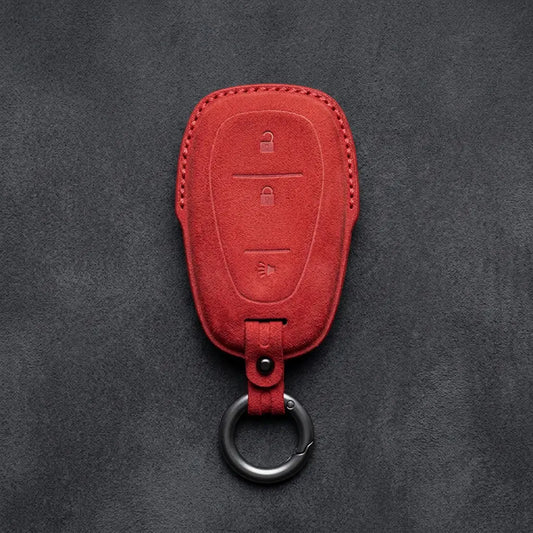 Chevrolet Hand-Stitched Alcantara Key Fob Cover – Chrome Shield 3-Button Red
