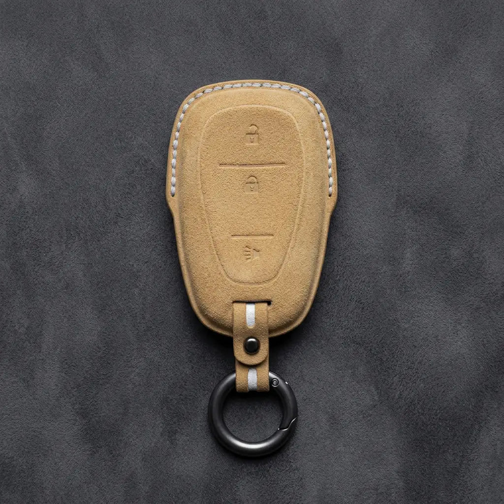 Chevrolet Hand-Stitched Alcantara Key Fob Cover – Chrome Shield 3-Button Soft Brown