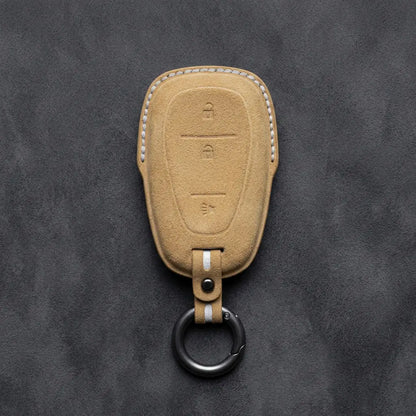 Chevrolet Hand-Stitched Alcantara Key Fob Cover – Chrome Shield 3-Button Soft Brown
