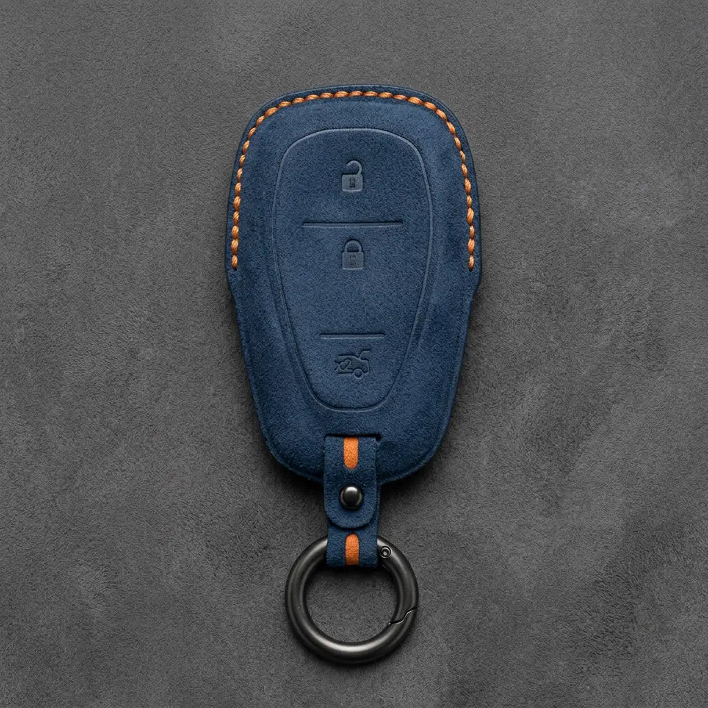 Chevrolet Hand-Stitched Alcantara Key Fob Cover – Chrome Shield 3-Button Tailgate Cobalt Blue