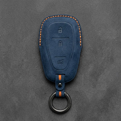 Chevrolet Hand-Stitched Alcantara Key Fob Cover – Chrome Shield 3-Button Tailgate Cobalt Blue
