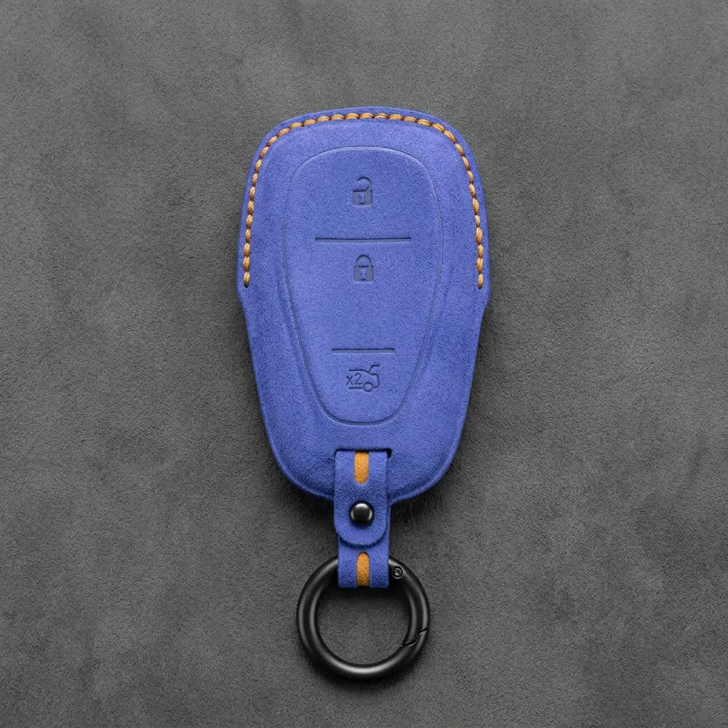 Chevrolet Hand-Stitched Alcantara Key Fob Cover – Chrome Shield 3-Button Tailgate Cornflower Blue