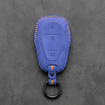 Chevrolet Hand-Stitched Alcantara Key Fob Cover – Chrome Shield 3-Button Tailgate Cornflower Blue