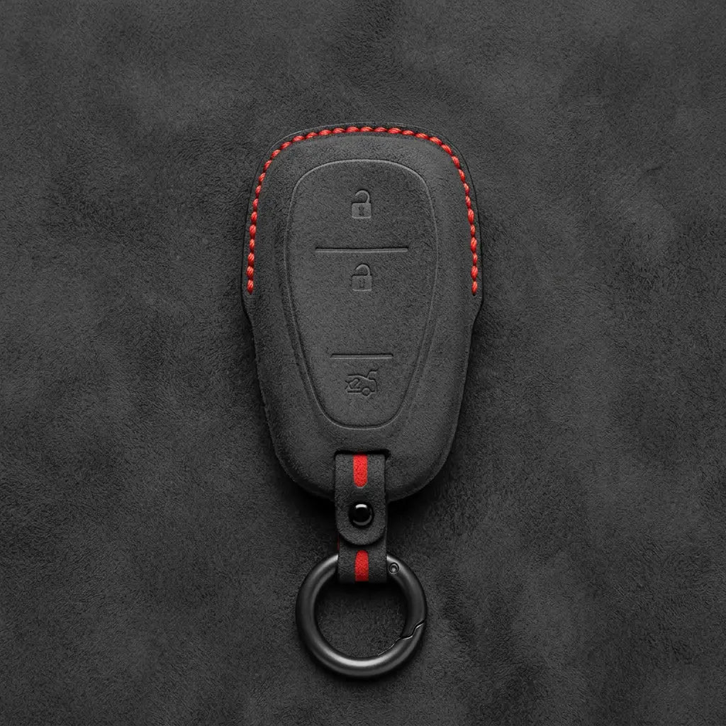 Chevrolet Hand-Stitched Alcantara Key Fob Cover – Chrome Shield 3-Button Tailgate Dark Charcoal
