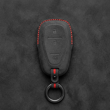 Chevrolet Hand-Stitched Alcantara Key Fob Cover – Chrome Shield 3-Button Tailgate Dark Charcoal