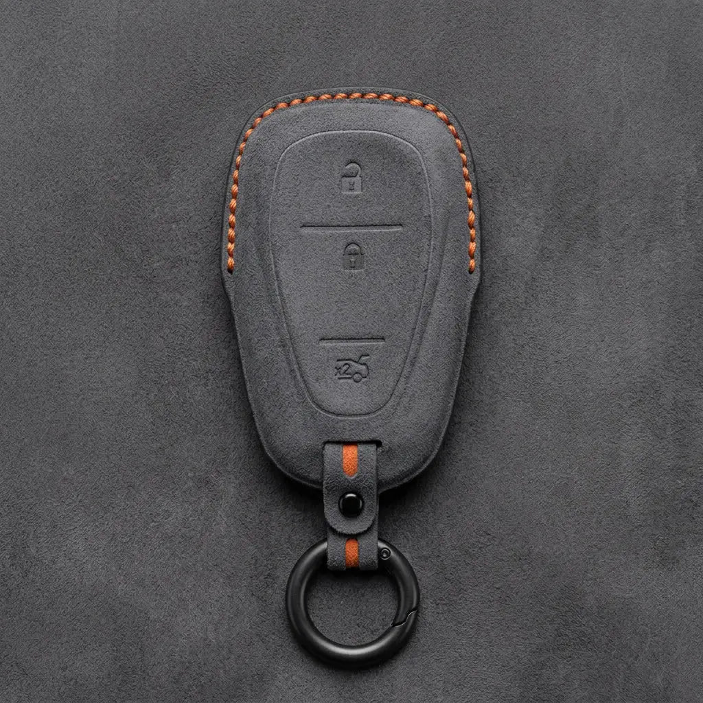 Chevrolet Hand-Stitched Alcantara Key Fob Cover – Chrome Shield 3-Button Tailgate Dark Gray