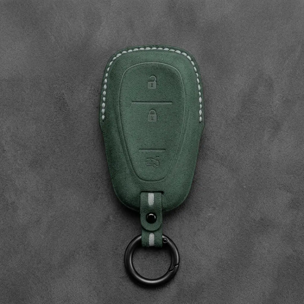 Chevrolet Hand-Stitched Alcantara Key Fob Cover – Chrome Shield 3-Button Tailgate Dark Green