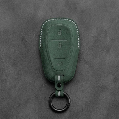 Chevrolet Hand-Stitched Alcantara Key Fob Cover – Chrome Shield 3-Button Tailgate Dark Green