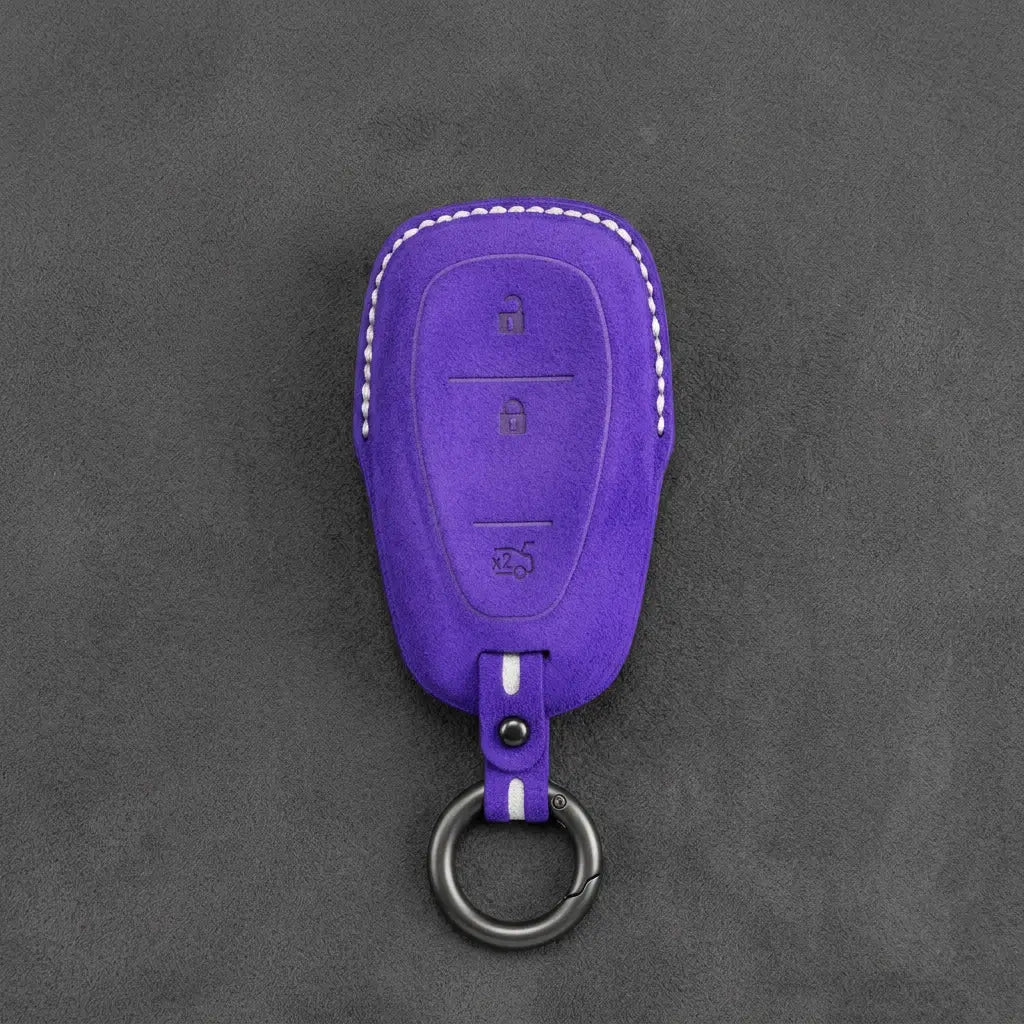 Chevrolet Hand-Stitched Alcantara Key Fob Cover – Chrome Shield 3-Button Tailgate Dark Purple