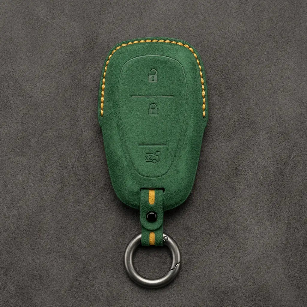 Chevrolet Hand-Stitched Alcantara Key Fob Cover – Chrome Shield 3-Button Tailgate Grass Green