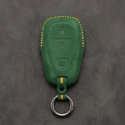 Chevrolet Hand-Stitched Alcantara Key Fob Cover – Chrome Shield 3-Button Tailgate Grass Green