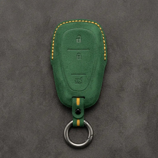 Chevrolet Hand-Stitched Alcantara Key Fob Cover – Chrome Shield 3-Button Tailgate Grass Green