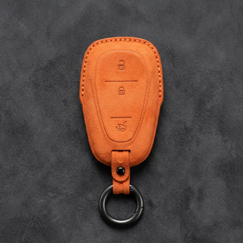 Chevrolet Hand-Stitched Alcantara Key Fob Cover – Chrome Shield 3-Button Tailgate Orange