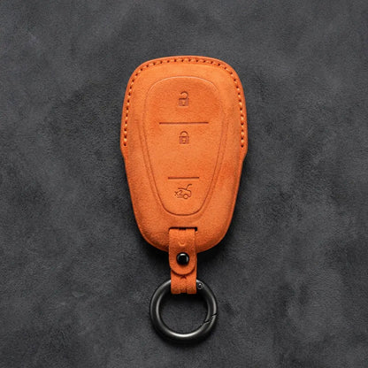 Chevrolet Hand-Stitched Alcantara Key Fob Cover – Chrome Shield 3-Button Tailgate Orange