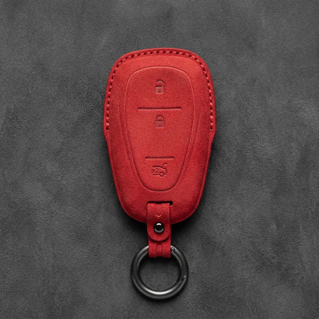 Chevrolet Hand-Stitched Alcantara Key Fob Cover – Chrome Shield 3-Button Tailgate Red