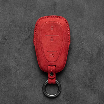 Chevrolet Hand-Stitched Alcantara Key Fob Cover – Chrome Shield 3-Button Tailgate Red