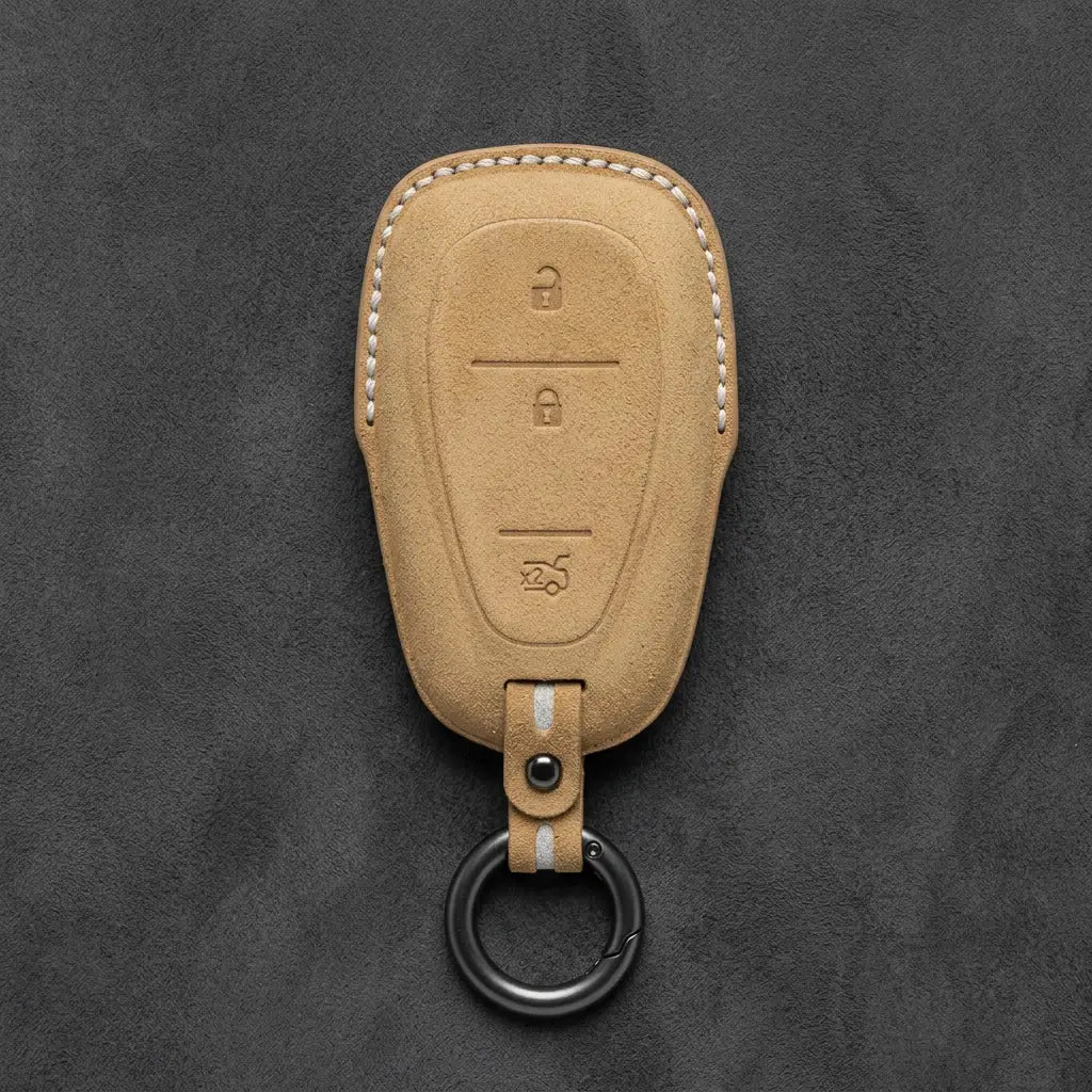Chevrolet Hand-Stitched Alcantara Key Fob Cover – Chrome Shield 3-Button Tailgate Soft Brown