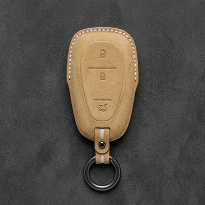 Chevrolet Hand-Stitched Alcantara Key Fob Cover – Chrome Shield 3-Button Tailgate Soft Brown