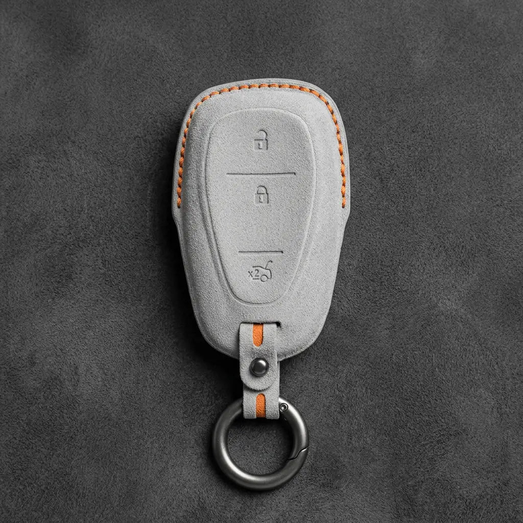 Chevrolet Hand-Stitched Alcantara Key Fob Cover – Chrome Shield 3-Button Tailgate White