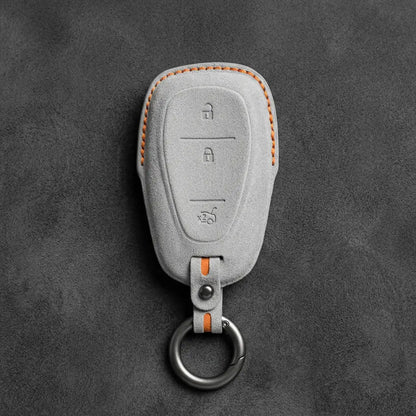 Chevrolet Hand-Stitched Alcantara Key Fob Cover – Chrome Shield 3-Button Tailgate White