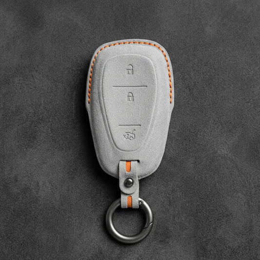 Chevrolet Hand-Stitched Alcantara Key Fob Cover – Chrome Shield 3-Button Tailgate White