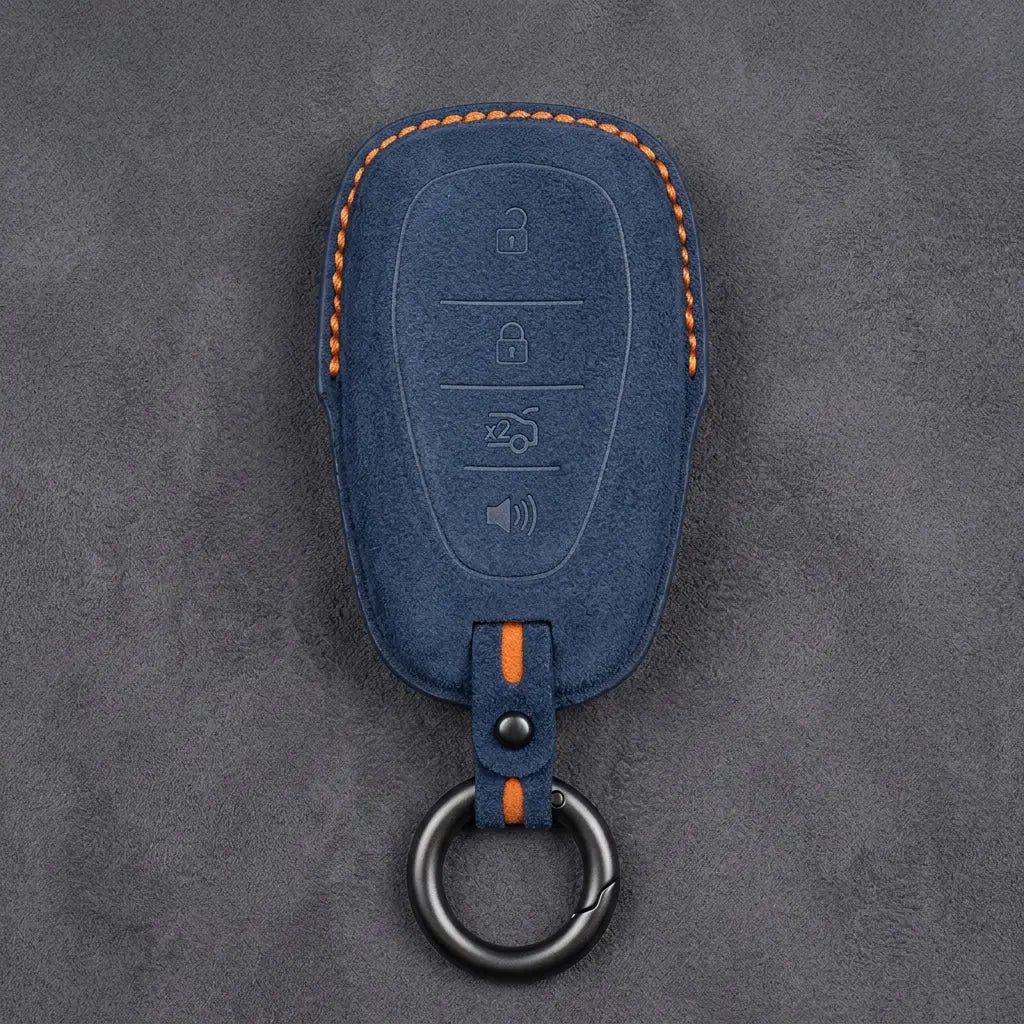 Chevrolet Hand-Stitched Alcantara Key Fob Cover – Chrome Shield 4-Button Cobalt Blue