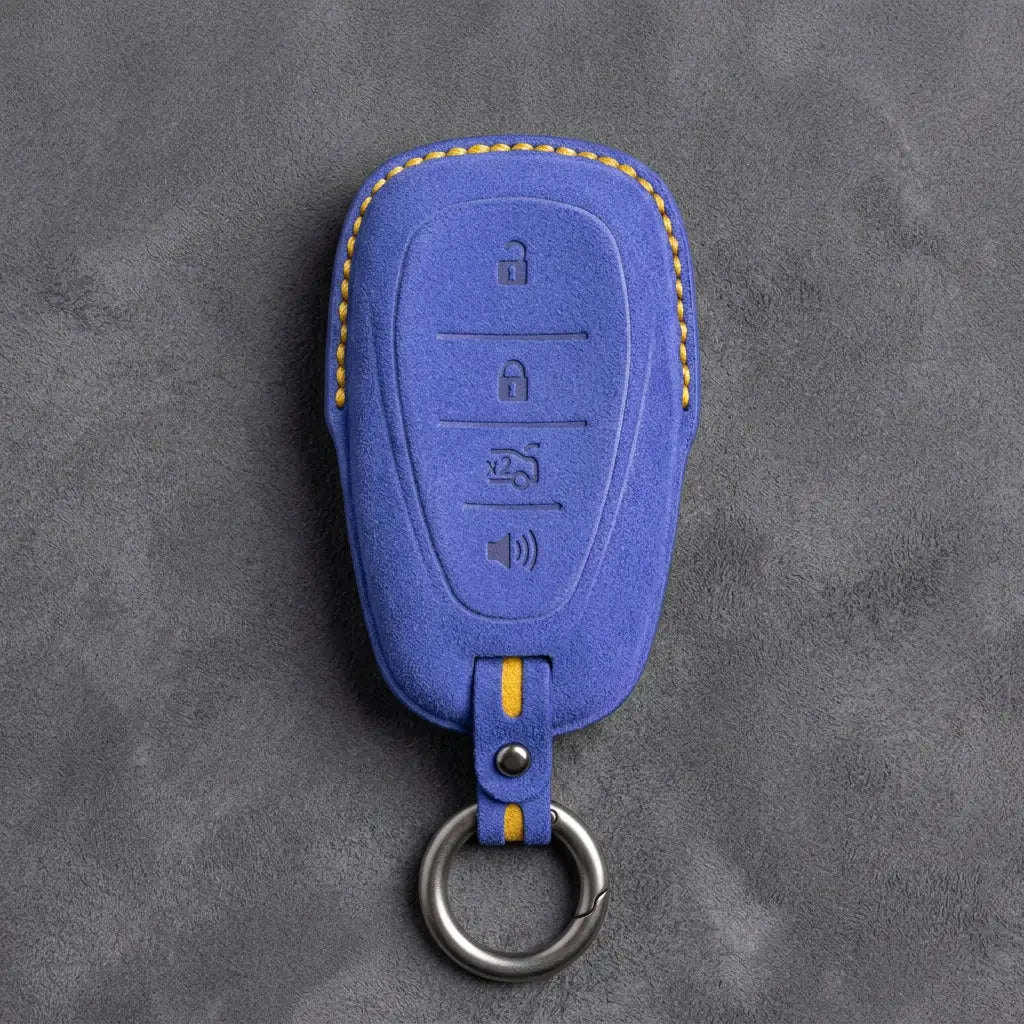 Chevrolet Hand-Stitched Alcantara Key Fob Cover – Chrome Shield 4-Button Cornflower Blue