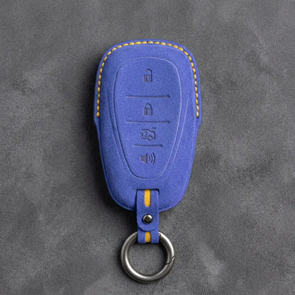 Chevrolet Hand-Stitched Alcantara Key Fob Cover – Chrome Shield 4-Button Cornflower Blue