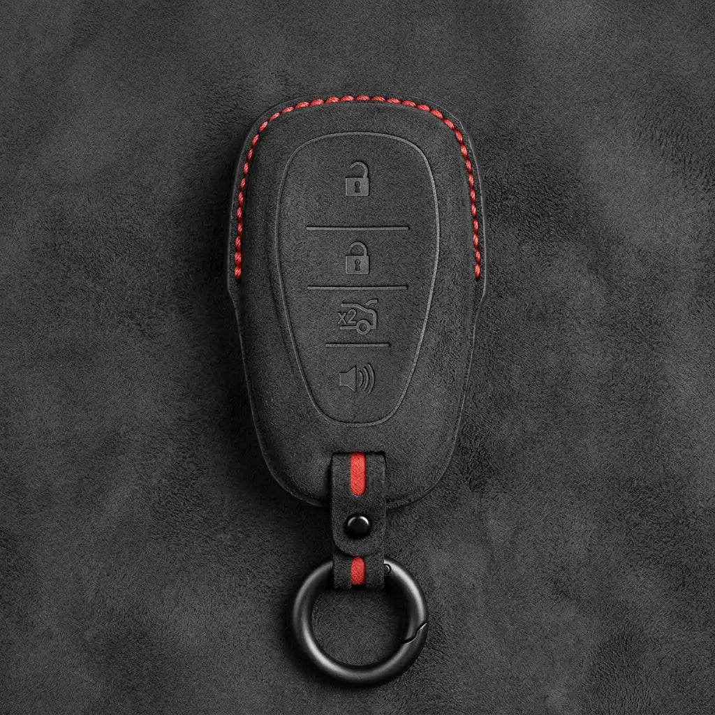 Chevrolet Hand-Stitched Alcantara Key Fob Cover – Chrome Shield 4-Button Dark Charcoal