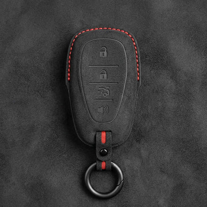 Chevrolet Hand-Stitched Alcantara Key Fob Cover – Chrome Shield 4-Button Dark Charcoal