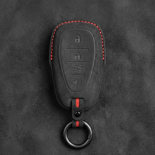 Chevrolet Hand-Stitched Alcantara Key Fob Cover – Chrome Shield 4-Button Dark Charcoal