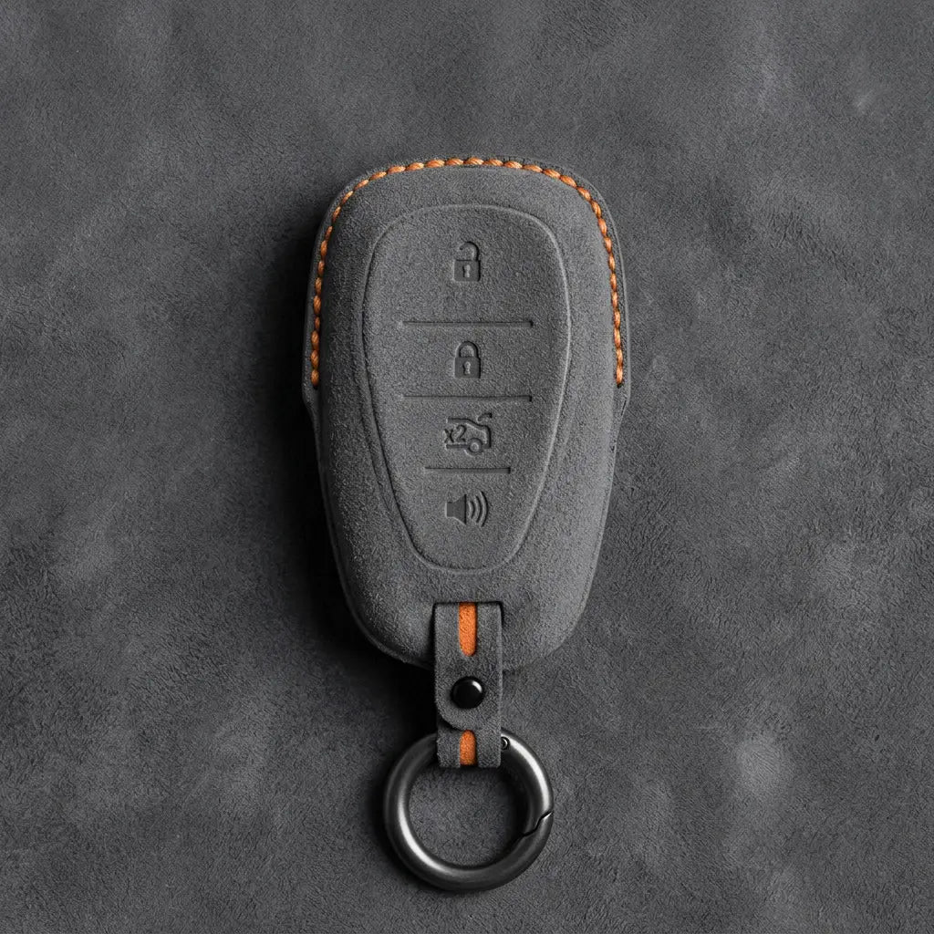 Chevrolet Hand-Stitched Alcantara Key Fob Cover – Chrome Shield 4-Button Dark Gray