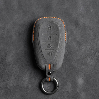 Chevrolet Hand-Stitched Alcantara Key Fob Cover – Chrome Shield 4-Button Dark Gray