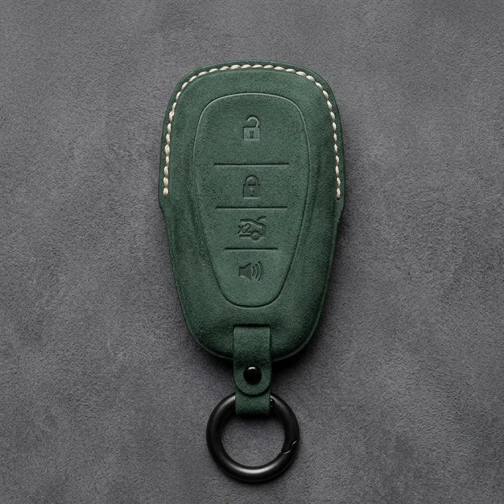 Chevrolet Hand-Stitched Alcantara Key Fob Cover – Chrome Shield 4-Button Dark Green