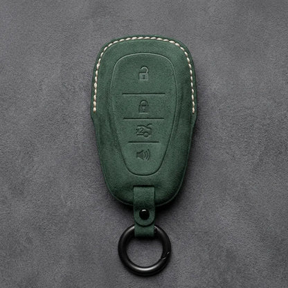 Chevrolet Hand-Stitched Alcantara Key Fob Cover – Chrome Shield 4-Button Dark Green
