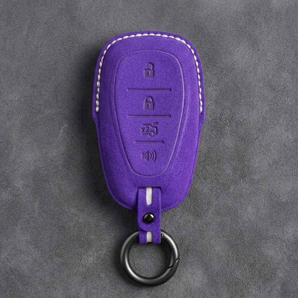 Chevrolet Hand-Stitched Alcantara Key Fob Cover – Chrome Shield 4-Button Dark Purple