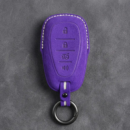Chevrolet Hand-Stitched Alcantara Key Fob Cover – Chrome Shield 4-Button Dark Purple